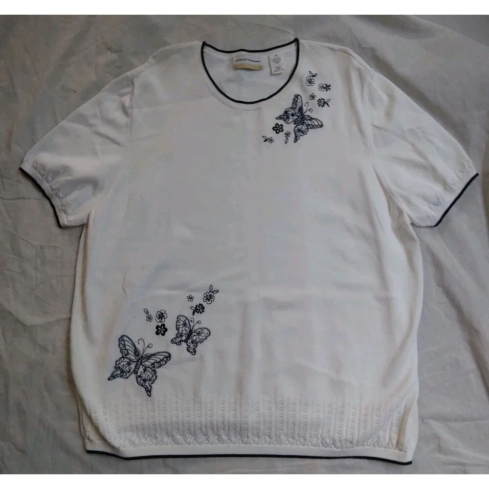 Alfred Dunner White Sweater Embroidered Butterfly Cottagecore Grandmacore 2X